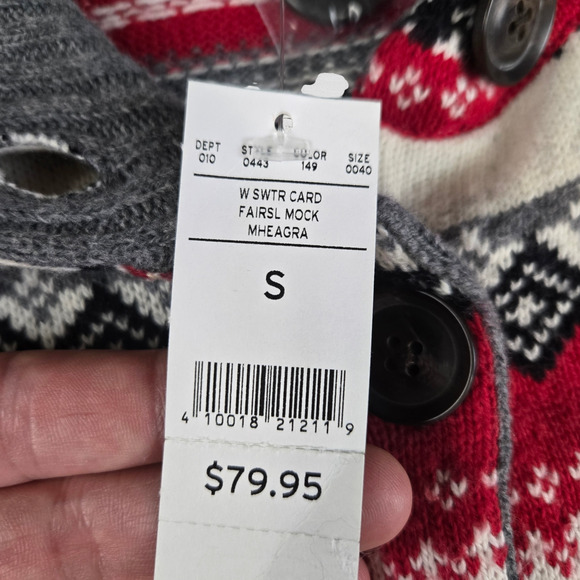 Eddie Bauer Gray Red Fair Isle Cowl Neck Button Up Cardigan Sweater Size Small - Picture 7 of 10